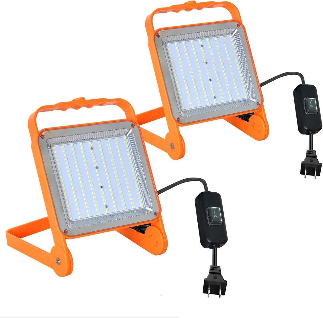 2-Pack 50W Super Bright LED Work Light - 8,000LM (500W Equivalent), IP65 Waterproof, 10ft Heavy Duty Cord, 5000K Daylight, Adjustable Flood Lights for Workshop, Garage, Construction Site