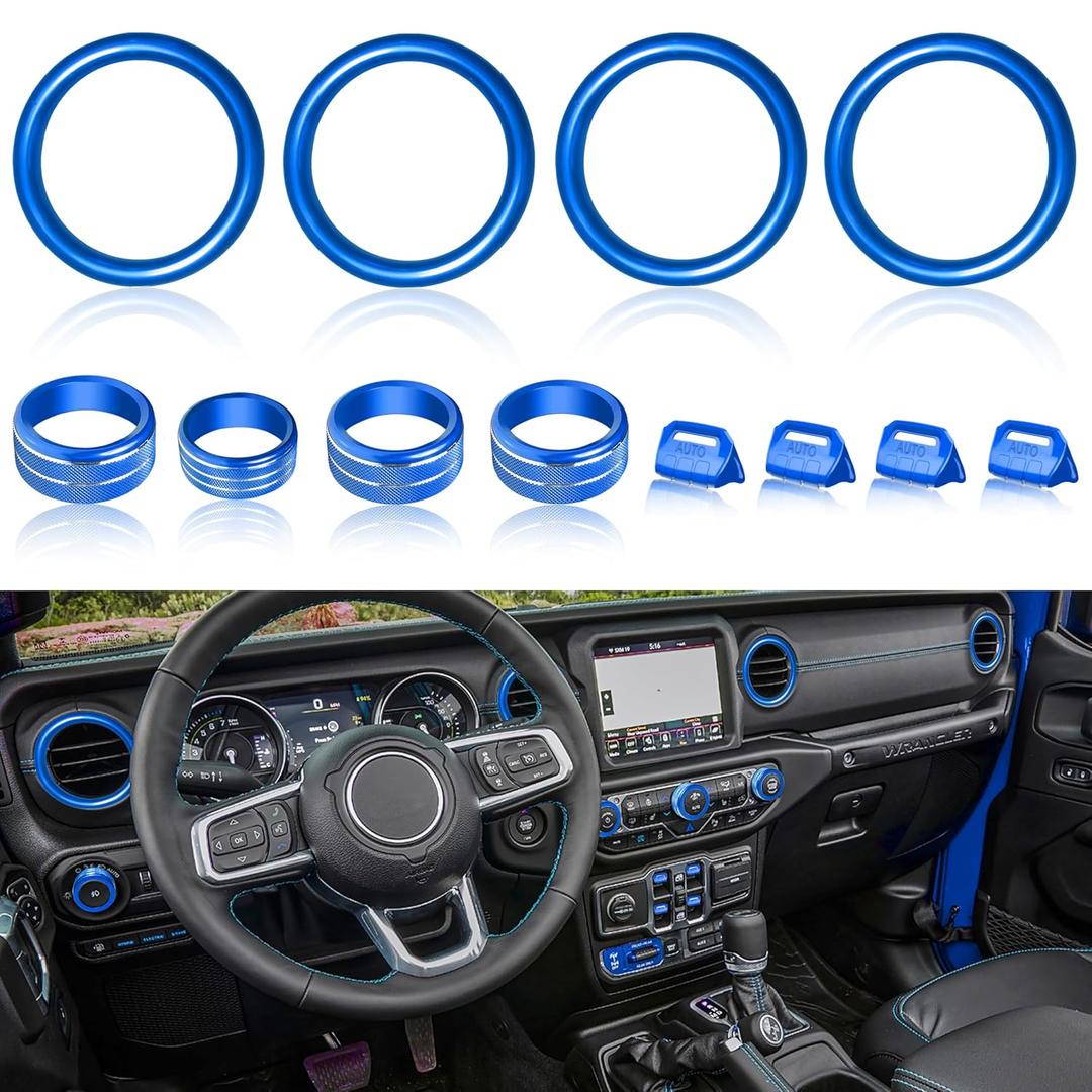 AC Knob Cover Vent Outlet Trim Ring for Jeep Wrangler JL JLU Accessories 2018-2023 Gladiator JT 2020-2023 Window Switch Button Cover Volume Radio Headlight Switch Knob Covers, 12 Pcs (Blue)