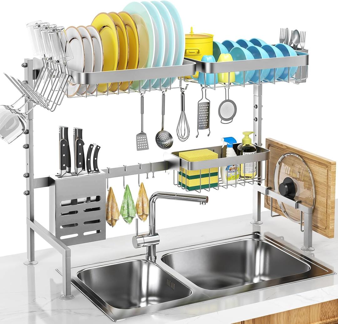 MERRYBOX 304 Stainless Steel Over The Sink Dish Drying Rack Length Adjustable Dish Drainer Full Set Dish Rack for Kitchen Sink Organizer Space Saver - Silver (A: Length:25.6"-33.5")