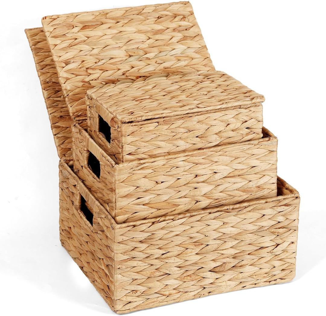 Wicker Storage Baskets with Lids,Multi-size 3 Pack Natural Water Hyacinth Wicker Nesting Baskets,Decorative Storage Ratten Boxes for Organizing,Storage,and Gifts