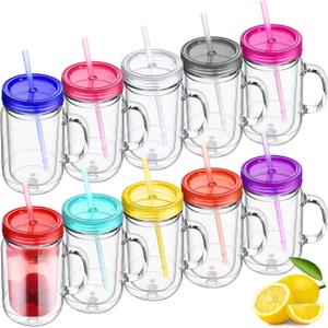 Suclain 10 Pack Plastic Mason Jars with Handles, Lids and Straws Mouth Mason Jar Mugs 20 oz Double Insulated Tumbler with Straw Large Clear Plastic Mug for Adults(Classic Color)
