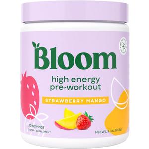 Bloom Nutrition High Energy Pre Workout with Beta Alanine, Ginseng and L Tyrosine for Amino Energy, Natural Caffeine Powder from Green Tea Extract, Keto, Sugar Free Drink Mix, Strawberry Mango (30 Servings (Pack of 1)) Best By 07/2026