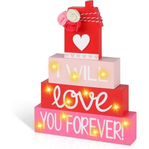 I Will Love You Forever Wooden Stack SignValentine's Day Decor for Table, Mantel & Tiered Tray, Rustic Farmhouse Style Light-Up Plaque, Romantic Home Decoration Gift for Her or Him