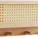 2 PCS Rattan Wall Shelves, Natural Wood No-Drill Rattan Wall Shelf with 4 Hooks for Planters Coats Bags Keys, Self-Adhesive Floating Shelf for Entryway Bedroom Kitchen