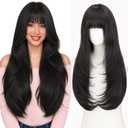 ALXNAN Hair Toppers For Women with Thinning 3D 360°Cover,26Inch Black Long Straight Layered Clip In Synthetic hair topper with Bangs
