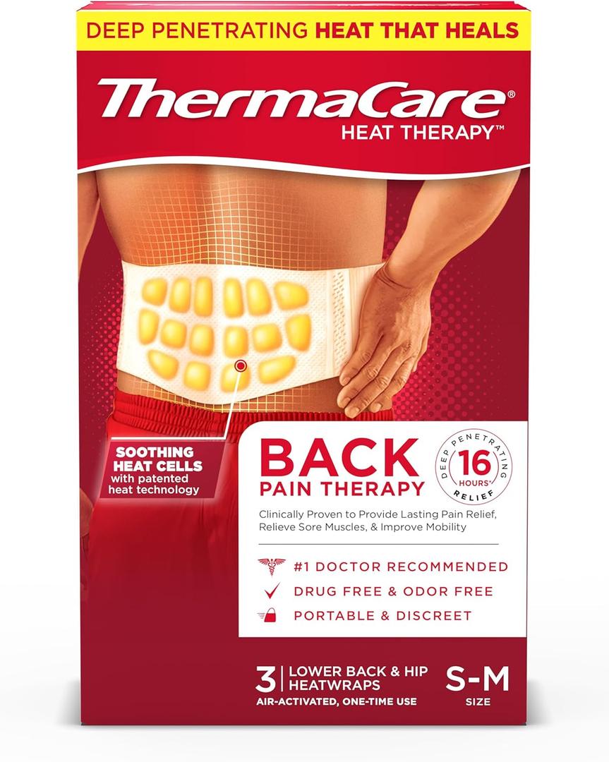 2 x ThermaCare Advanced Back & Hip HeatWraps, Long-Lasting, Disposable Heat Therapy for Lower Back Pain, Muscle Soreness, & Herniated Discs, Drug-Free (S-M, Pack of 3) (Black, M)