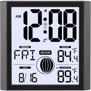 Atomic Wall Clock with Outdoor/Indoor Temperature Digital Battery Operated Backlight Large Number Display Moon Phases 8.8' Desk Alarm Clocks for Bedrooms, Classroom, Seniors, Office,Kitchen