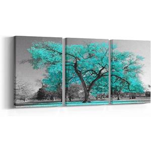 Turquoise Wall Art for Living Room Black White Teal Tree Blossom Picture Canvas Painting 3 Piece Set Framed Artwork Ready to Hang Modern Home Bathroom Office Decorations (12x16inch x3)