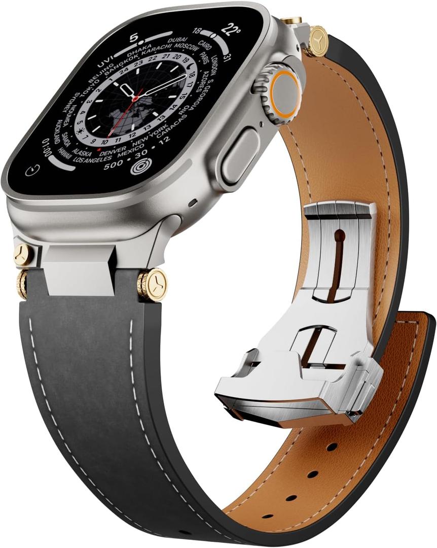 Unfettered Genuine Leather Band for Apple Watch Ultra 3/2, 49mm 46mm 45mm 44mm 42mm, Men's Vintage Full-Grain Replacement Strap with Folding Clasp & Metal Connector, Compatible with Series 111 SE (Black-Titanium Buckle)