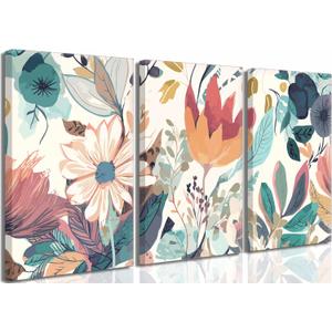 3 Pcs Boho Wild Flowers Canvas Wall Art Neutral Watercolor Boho Abstract Floral Botanical Painting Picture Wall Decor Poster Print Artwork for Living Room Bedroom Home Decoration (16x24in, boho-Canvas)