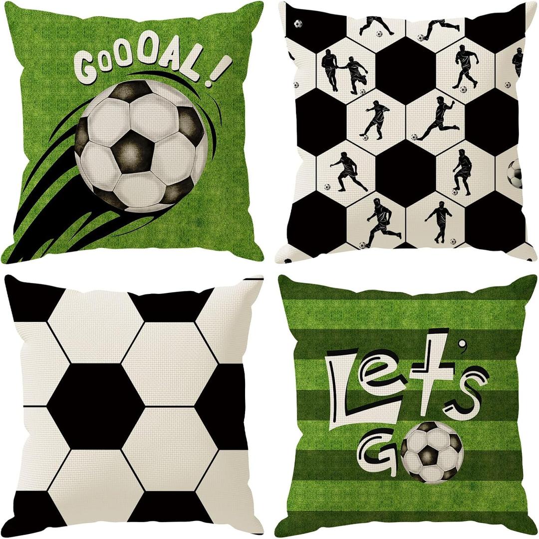 Plaid Soccer Player Grass World Cup Pillow Covers Throw Pillow Cases Set of 4 Decorations for Home Sofa Cushion Cover Game Day Soccer Party Holiday Decor 18x18 Inch