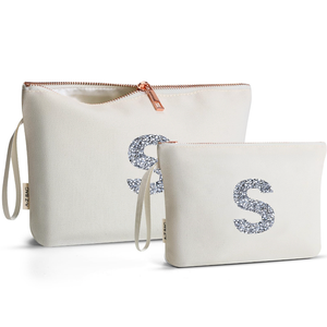 A-Z BAG 2pcs Personalised Makeup Bag Set, Canvas Cosmetic Bag with Rhinestone Initial, Birthday Gifts for Women (S, Beige)