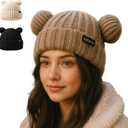 Adult Knit Beanie Hat, Winter Bear Ears Hat Warm Knitted Fleece Lined Woollen Ski Pompom Hat