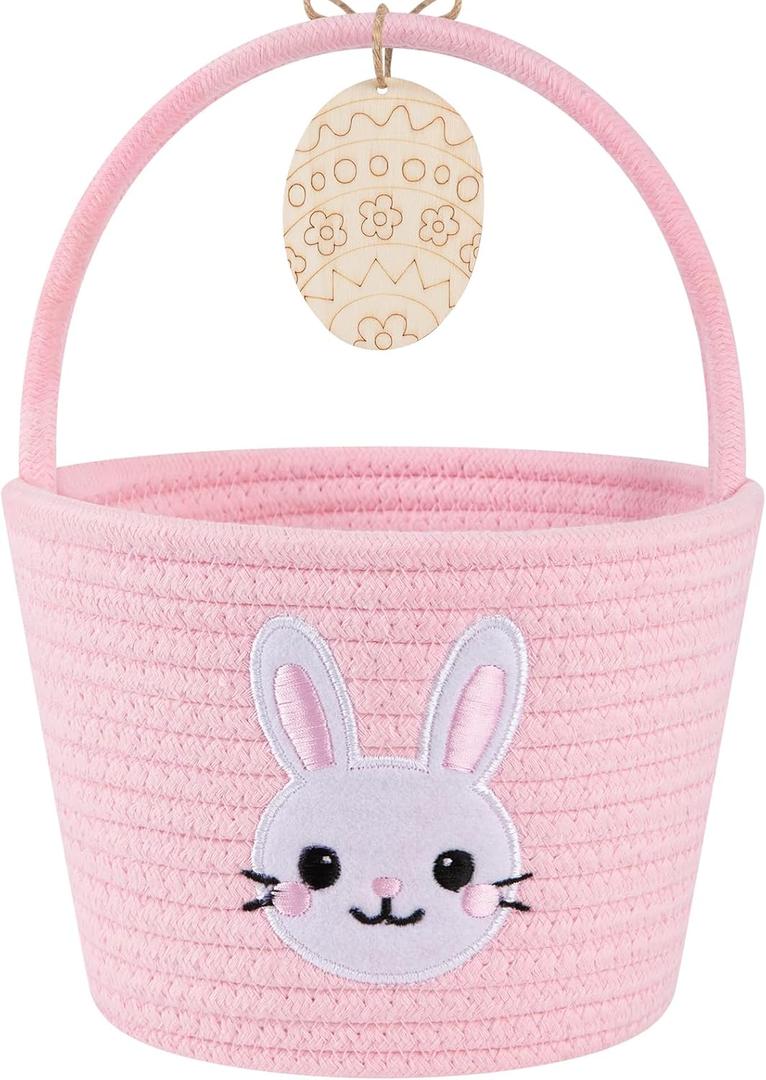 OIAHOMY Gift Basket with Handle, Personalized Baby Basket for Kids, Woven Rope Gift Empty for Toys, Baby Treasure Hunt Baskets with Wooden Card for Boys and Girls - Pink & White (7.9"D x 5.9"W x 5.9"H)