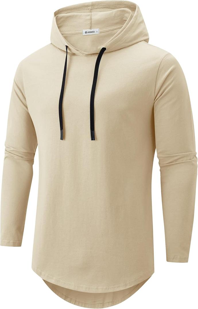KLIEGOU Mens 100 Cotton Hipster Hip Hop Longline Hoodie T-Shirt Pre - Shrunk S-XXXL (Large, 07 Beige)