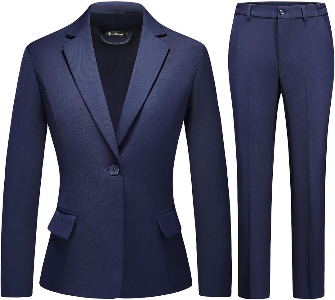 Women's Business Solid Suit 2 Piece Slim Fit Classic Blazer Pants Set for Women Formal Office (Navy, XS)