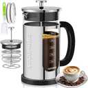 French Press Coffee Maker 34oz / 1 Quart 304 Stainless Steel Coffee Press,with 4 Filters System, Heat Resistant Thickness Borosilicate Glass, Brewed Coffee Pot (Silvery)