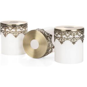 3 Pack White Frosted Glass Shades with Ornate Metal Design Vintage Inspired, Modern Elegance 1-5/8" Fitter Soft Lighting for Bedroom & Living Room (Milky White-Decorative Pattern)