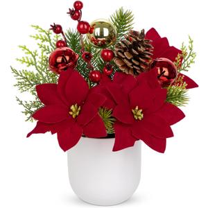 Small Christmas Tree Artificial Potted - 9" Mini Fake Poinsettias Plant Table Decor with Xmas Ball Ornaments Berry Centerpiece Indoor for Winter Floral Arrangements Home Party Mantel Office Farmhouse