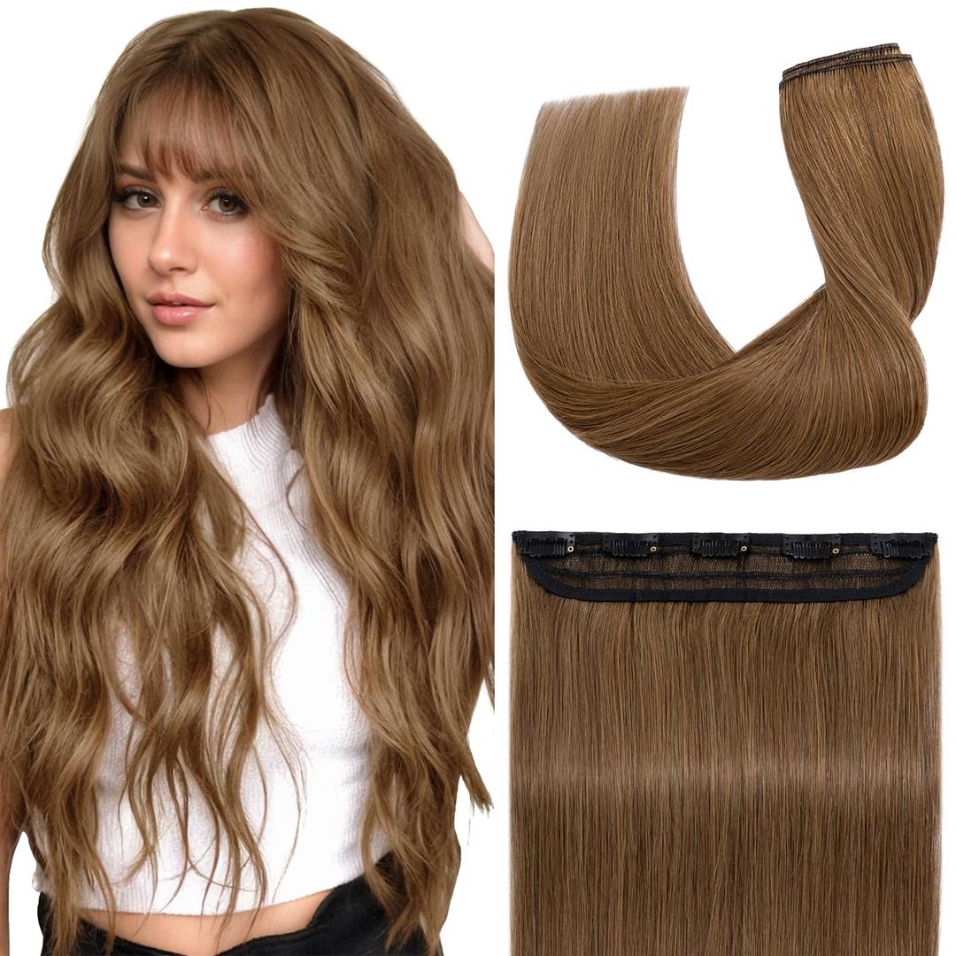 S-noilite One Piece Clip in Human Hair Extensions 5 Clips 3/4 Full Head Clip on Remy Hair Extension For Women Lighter One-Piece Design Adding Hair Volume 16Inch 45g Light Brown