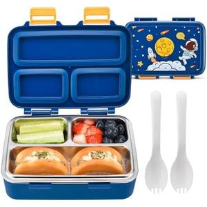 Small Bento Box for Toddlers & Snacks – 3-Compartment with Leak-Proof Lid, Spoon & Stainless Steel Tray – 20 x 15 x 6.8 cm BPA-Free, Dishwasher Safe - Fun Space Design for School & Travel (Blue)