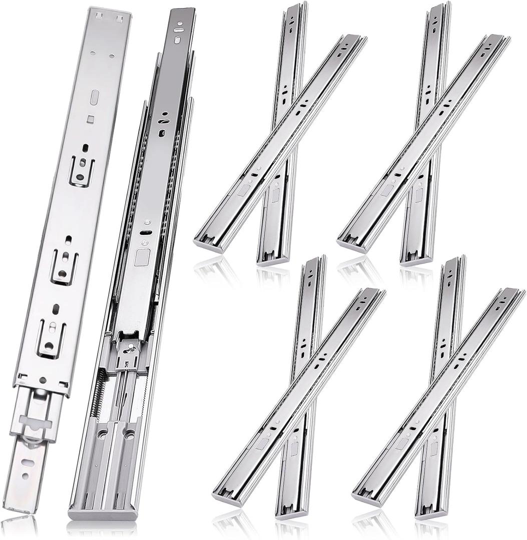 20 inch Drawer Slides 4 Pairs (8pcs) Soft Close 3 fold Full Extension Side Mount Cabinet Drawer Glides 20" Silver Cabinet Rails for Dresser, Cabinet, Kitchen 100 LB Capacity