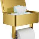 Toilet Paper Holder with Shelf, Wipes Holder for Bathroom, Flushable Wipes Dispenser, Stainless Steel Toilet Paper Roll Holder with Storage for Wet Wipes Wall Mounted (Gold, Regular Roll)