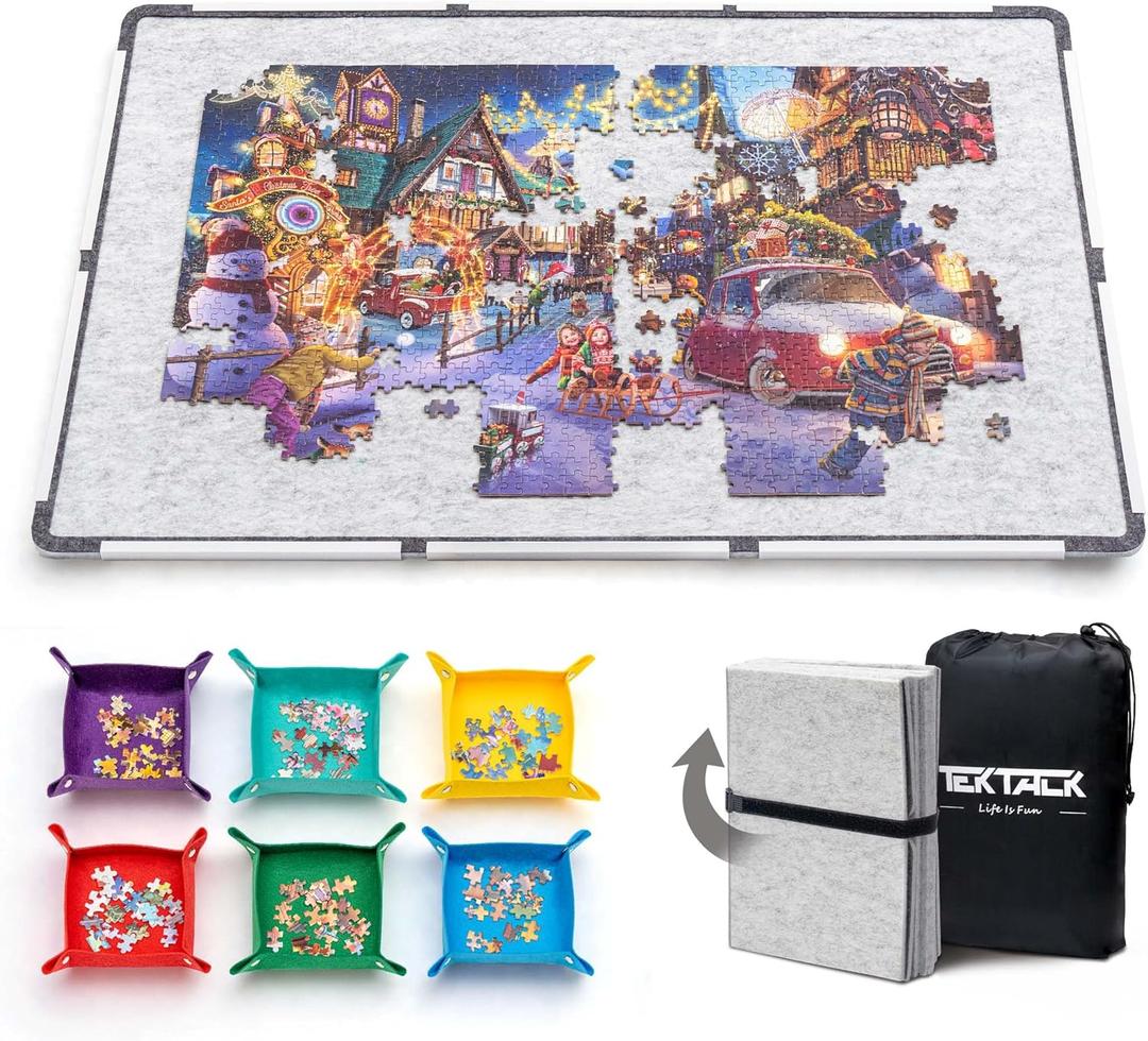 Tektalk Foldable Jigsaw Puzzle Board, Felt Puzzle Mat with Non-Slip Surface & 6 Colored Sorting Trays, Portable Puzzle Storage Saver, for Up to 1500 Pieces