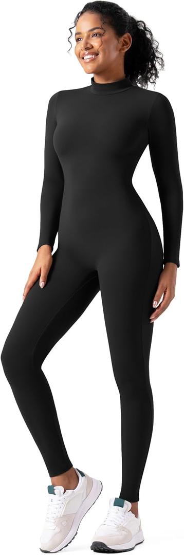 Women's Bodysuit Rompers Long Sleeve Jumpsuits Leotards One Piece Tummy Control Yoga Workout Outfits (Medium, Black)