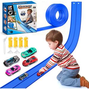 15Ft Flexible Race Car Track for Kids with Suction Cups Compatible with Diecast 1/ 64th Cars for Ages 3 & Up Blue Gray Orange Red Classic Long Rolls Up Portable Racetrack (Blue)