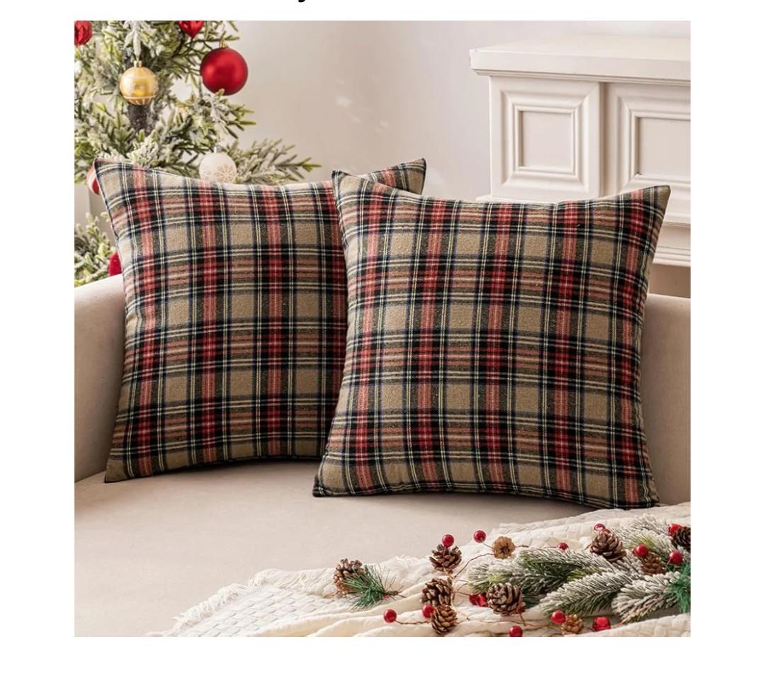 Christmas Set of 2 Scottish Tartan Plaid Throw Pillow Covers Farmhouse Classic Decorative Outdoor Square Cushion Cases for Decor Sofa Couch 18x18 Inch, Khaki