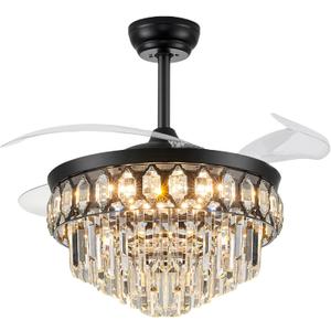 42 Inch Fandelier Ceiling Fan with Light, Retractable Ceiling Fan with Lights Chandelier Fan for Bedroom, Living Room, LED Dimmable, 3 Color, 6 Wind Speed-Black