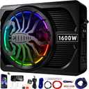 1600W Upgraded 10" Ultra-Slim Active Under Seat Car Subwoofer Built-in Amplifier & LED Lights | Distortion-Free Bass | Low Pass Filter, Gain & Bass Boost