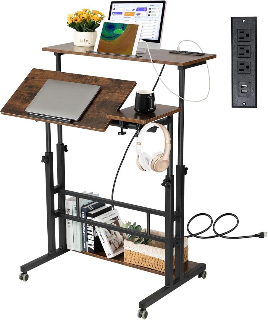 Hadulcet Stand Up Desk, Rolling Desk Adjustable Height, Mobile Standing Desk with Wheels & Charging Station, Portable Stand for Laptop, Rolling Computer Cart TV Tray, Small Standing Desk Drawing Table (Black)