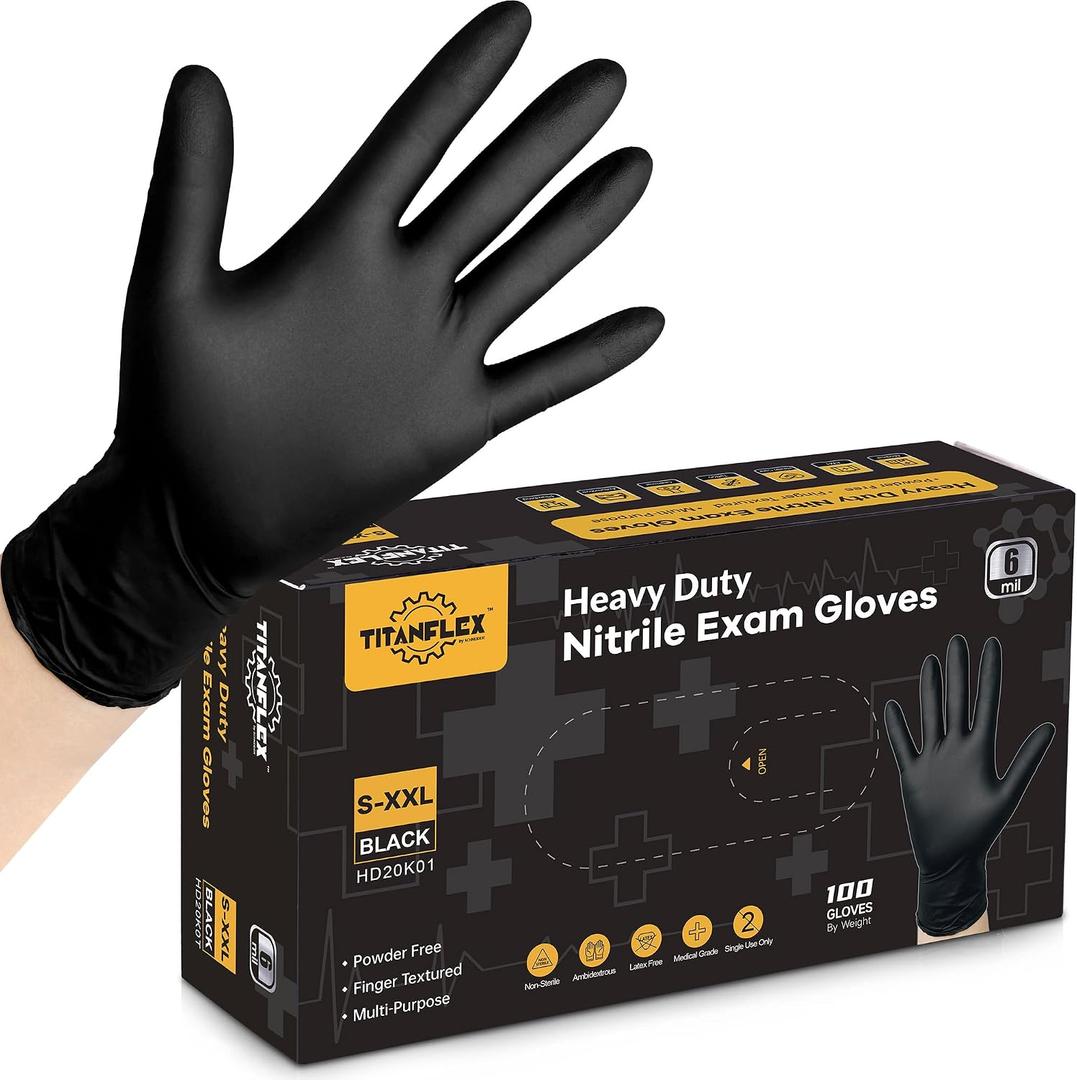 TitanFlex Disposable Nitrile Exam Gloves, 6-mil, Black, Heavy Duty, Latex Free, Food Safe for Cooking & Food Prep, Medium, 100 Gloves