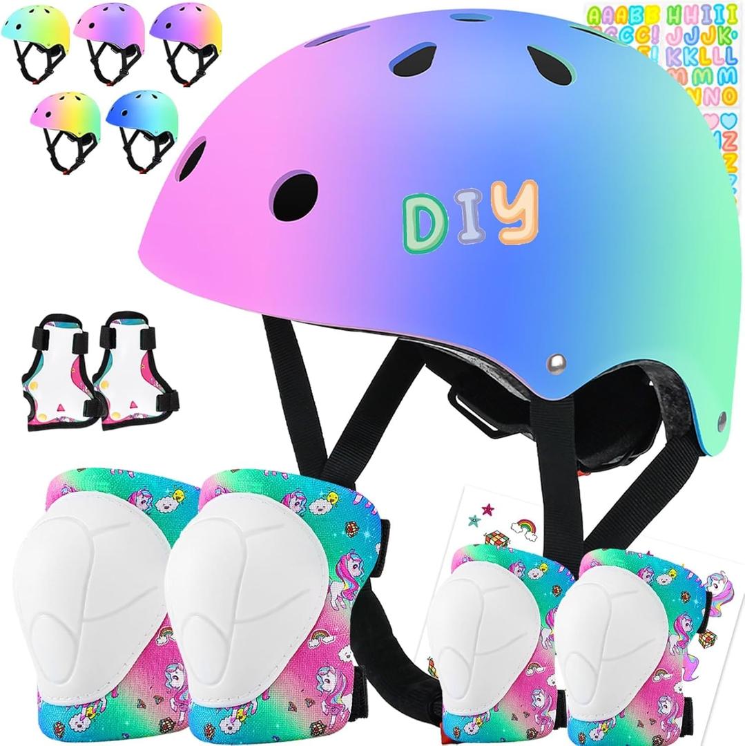 Color Gradient Kids Bike Helmet and Pads Adjustable Helmet for Kids Protective Gear Set with Elbow Knee Pads Wrist Guards for Cycling Bicycle (Small: 20.1"-21.2"/51-54cm)