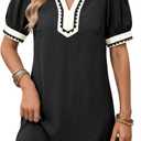 Dokotoo Summer Dresses for Women 2026 Boho Floral Puff Short Sleeve V Neck Trim Casual Mini Dress Sundress (X-Large, Solid Black)
