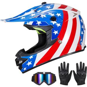 Youth Kids Dirt Bike Helmet for Boys & Girls, F001 Full Face Motorcycle Helmet for Off-Road ATV Street Riding Four Wheeler Mountain Bike with Goggles Gloves, DOT Approved (Great USA, L)