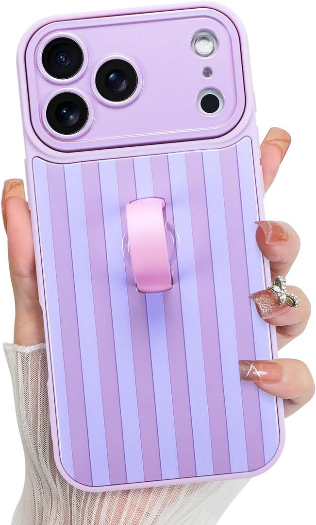 KANGHAR Compatible with iPhone 17 Pro Case 2025, Silicone Stripes Cute Pattern, Wristband Kickstand Camera Protection Soft Slim Cover for Girls Women -Purple