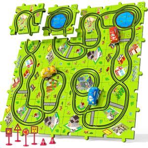 TEMI 64 Pieces Puzzle Race Tracks Car Set Toys for Kids Ages 3-5 - Toddler Toys Gifts for 3 4 5 Year Old Boys, Puzzle Tracks Car for Boys Ages 3-5 4-6, 3 4 5 6 Year Old Birthday Gifts