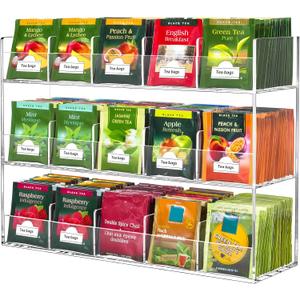 BEYGORM Acrylic Tea Bag Organizer for 270 Tea Packets, No Assembly Required Display Holder for Countertop, Vertical Tea Bag Caddy for Cabinet, Tea bar Accessories, Teabags Storage Containers, 15 Compartments