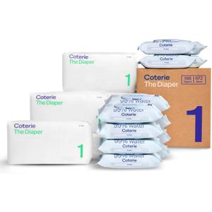 Coterie Baby Wipes + Diapers Kit, Size 1 Diapers (198 Count) & 12 Pack (672 Count) Baby Wipes with 99% Water, Plant Based Materials, Hypoallergenic for Sensitive Skin