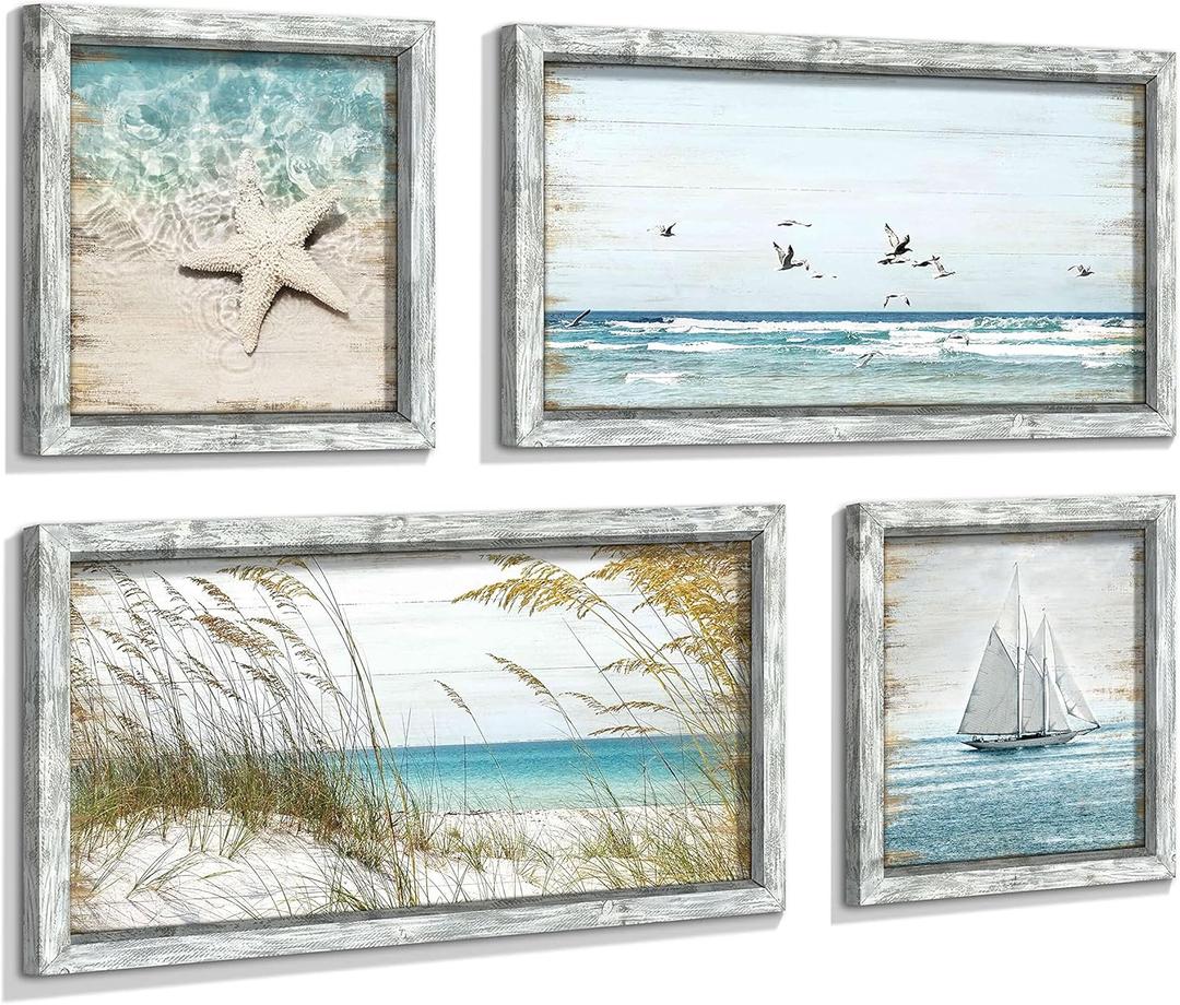 Beach Framed Wooden Pictures Wall Art: Coastal Art Set of 4 Seascape Prints Starfish Pictures Ocean Artwork for Bedroom Overall 36"W x 24"H