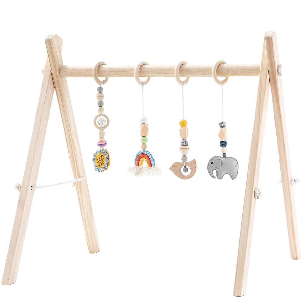 Foldable Wooden Baby Play Gym with 4 Sensory Hanging Toys, Montessori Infant Activity Frame for 0-12 Months | Solid pine safe gym with 4 sensory teething toys, foldable stable frame, boho nursery decor & perfect baby shower gift