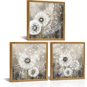 NutArtPic Dandelion Wall Art Wish Flowers Pictures Rustic Dandelion Music Note Paintings Canvas Brown Wall Decor Artwork for Bathroom Bedroom Home Decor Ready To Hang 12x12inchx3pcs