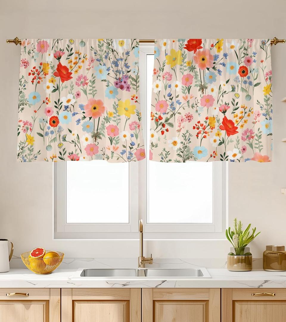 Kitchen Curtains (2 Pcs) Over Sink for Bathroom Window Cafe Basement Cortinas para Cocina Farmhouse Short Mini Curtain Flower Floral Summer Elegant Country Rustic Modern Cute - 2624"
