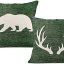 Throw Pillow Covers Set of 2, Green and White Rustic Deer Bear Farmhouse Home Decorative Throw Pillow Cases Cushion Covers for Sofa Couch Bed, 18x18 Inch