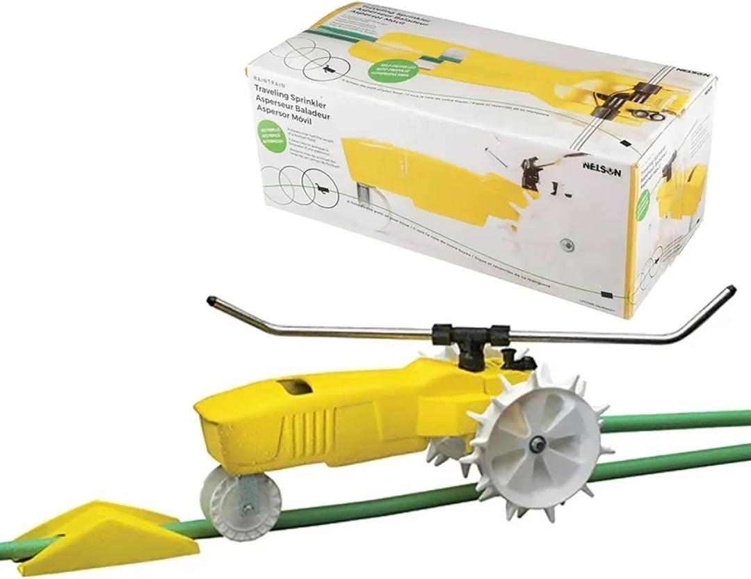 Nelson Rain Train 13,500 Square Feet Cast Iron Outdoor Lawn Traveling Water Sprinkler for Yard, and Garden, with Auto Shut Off, Yellow