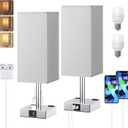 Touch Bedside Table Lamp Set of 2-3-Way Dimmable Night Lamp with USB A + Type C Charging Ports and Two AC Outlets, Small Desk Light with E26 LED Bulb for Bedroom Living Room Dorm Office (14.0in)