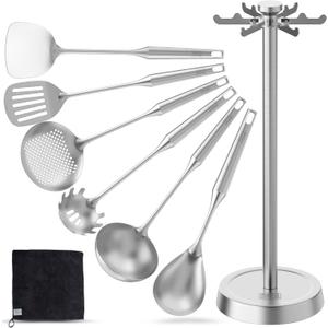BEN'SHOME 6-Piece Stainless Steel Kitchen Utensil Set with Rotating Holder Stand - Metal Cooking Utensils Set Includes Spatula, Ladle, Serving Spoons, Spaghetti Server - Dishwasher Safe (Brushed)